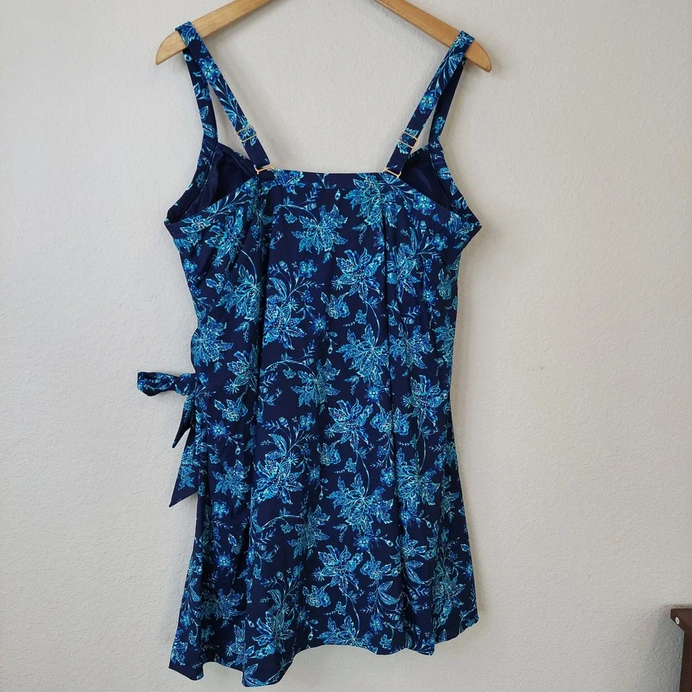 Land's End Blue Floral Print Side Tie Swim Dress One Piece‎ Swimsuit Size 18W
